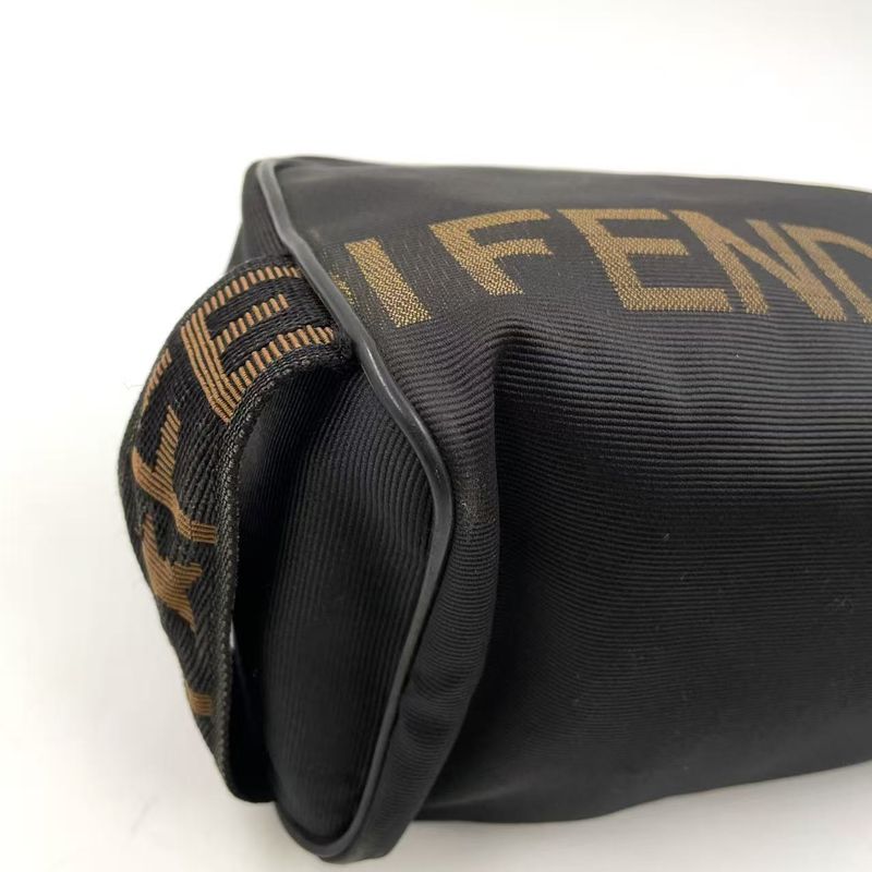 Fendi Logo Jacquard Design Pouch Nylon Brown and Black Clutch Bag Silver