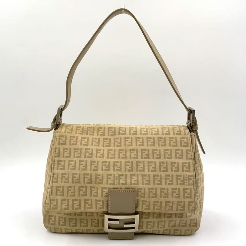 Fendi Zucchino Mamma Bucket Canvas Light Beige One Shoulder Bag Silver 8br001