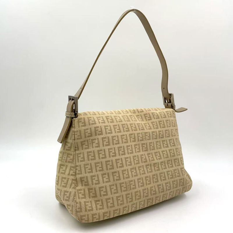 Fendi Zucchino Mamma Bucket Canvas Light Beige One Shoulder Bag Silver 8br001