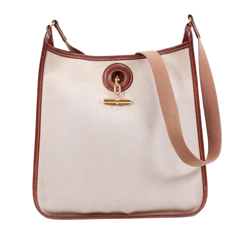 Hermes Vespa PM Toile Ash Brown and Beige Shoulder Bag Gold