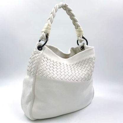 Bottega Veneta Intrecciato One Shoulder Leather White Handbag Black