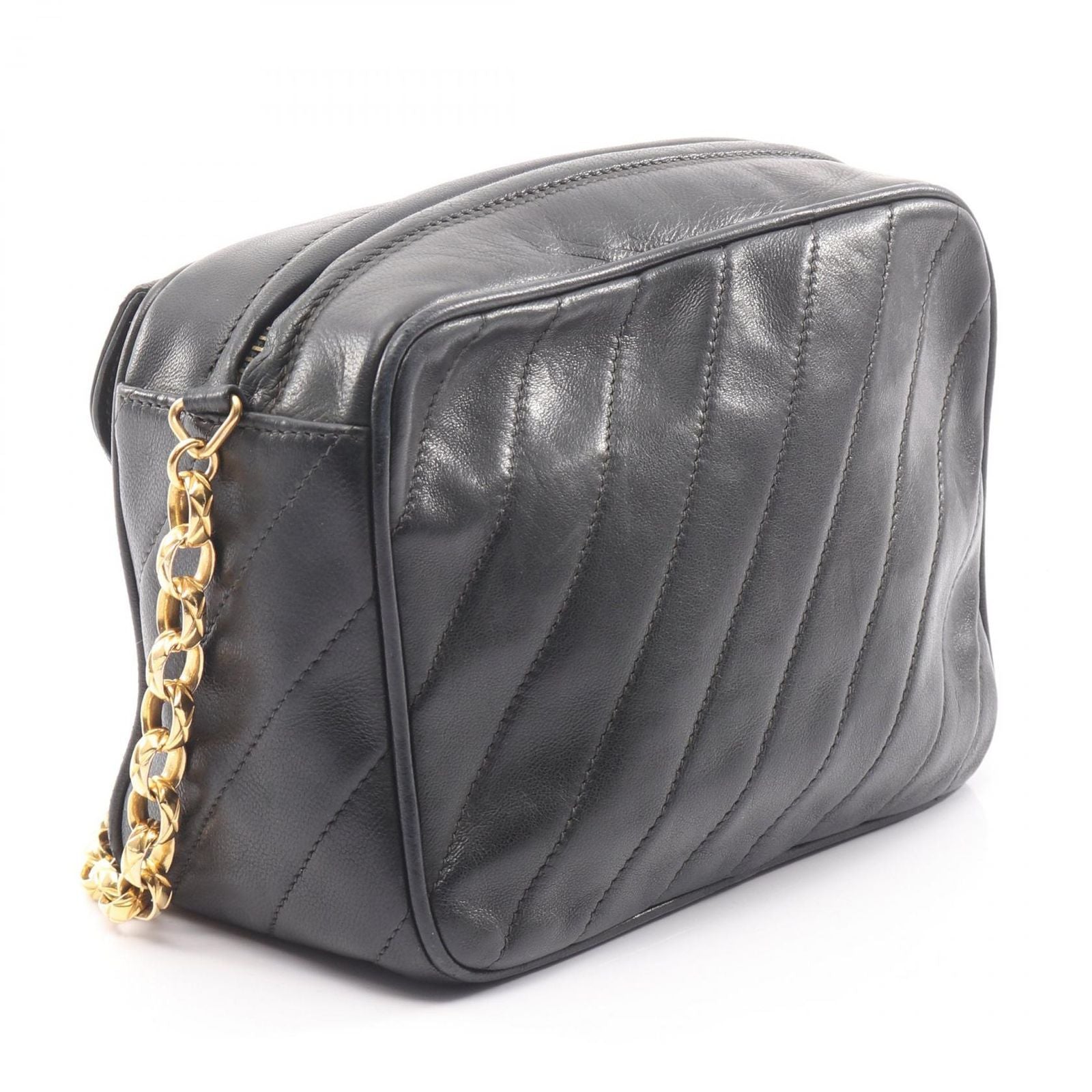 Chanel Shoulder Bag Coco Mark Bias Stitch Black Lambskin Fringe Chain Shoulder