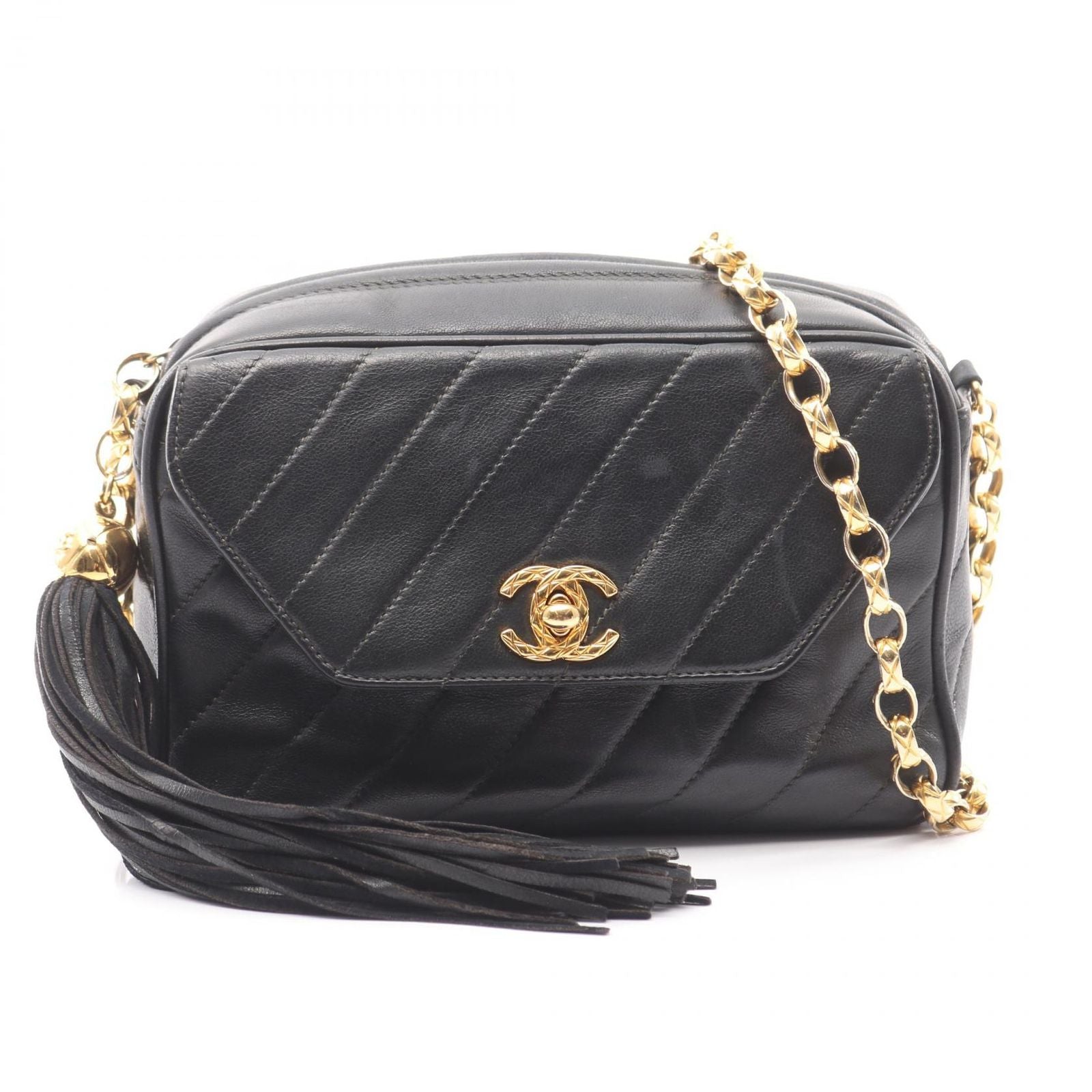 Chanel Shoulder Bag Coco Mark Bias Stitch Black Lambskin Fringe Chain Shoulder