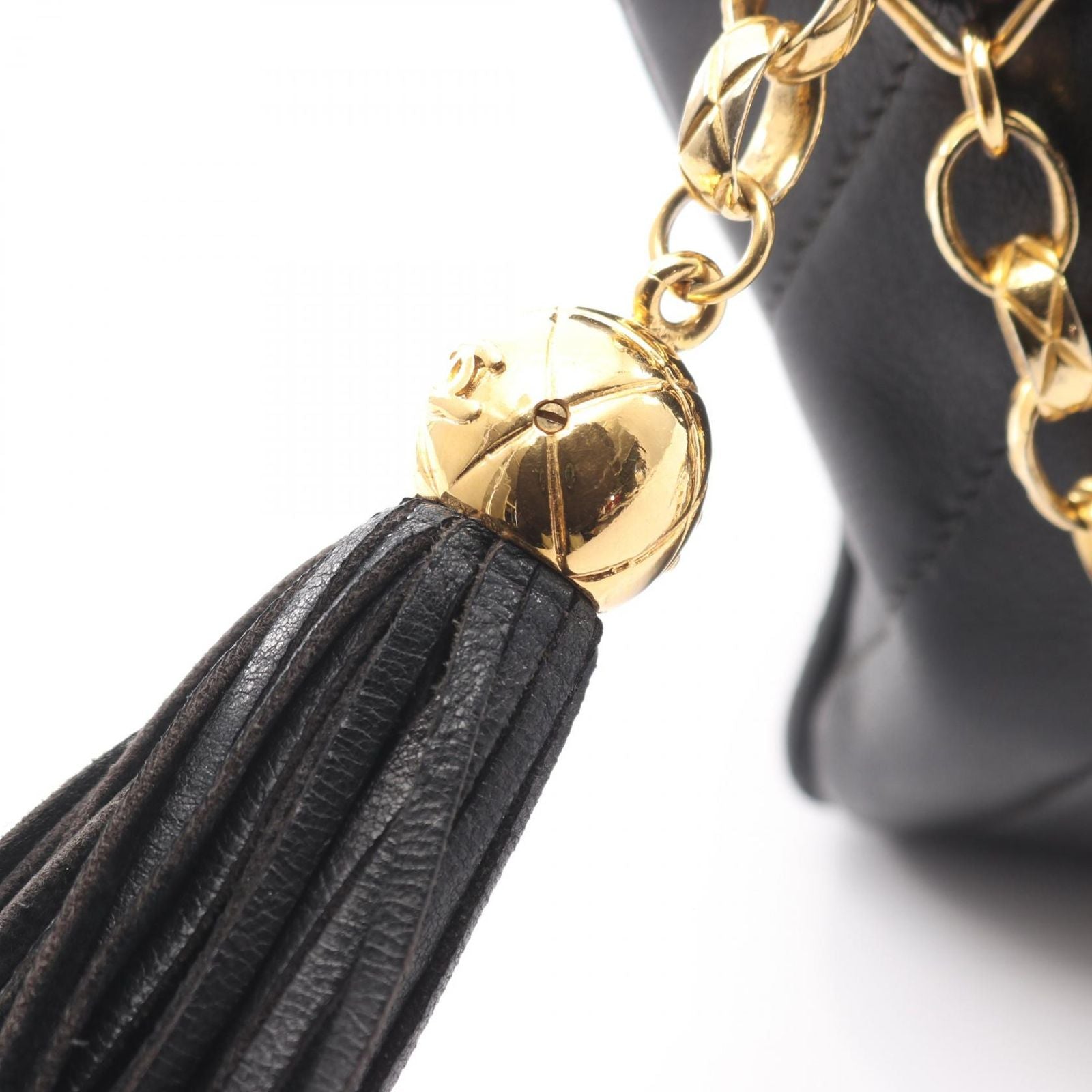 Chanel Shoulder Bag Coco Mark Bias Stitch Black Lambskin Fringe Chain Shoulder