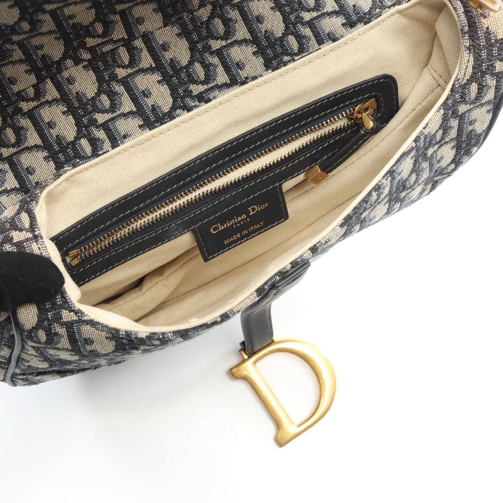 Dior Handbag Saddle Bag Navy Canvas Leather Oblique Saddle Bag Ladies a