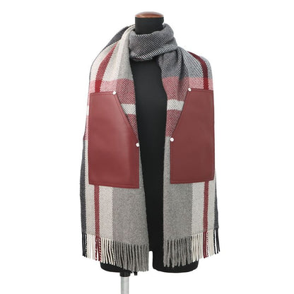 Hermes Scarf Tartan Pocket Cuirelle Applique Cashmere Shawl Gray Marine Rouge Ash