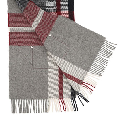 Hermes Scarf Tartan Pocket Cuirelle Applique Cashmere Shawl Gray Marine Rouge Ash