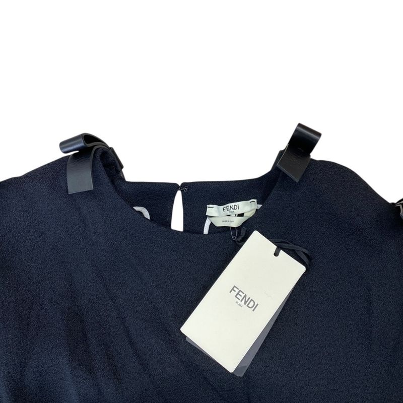 Unused Fendi One Piece Mini Dress Open Shoulder Leather Ribbon Slit Black