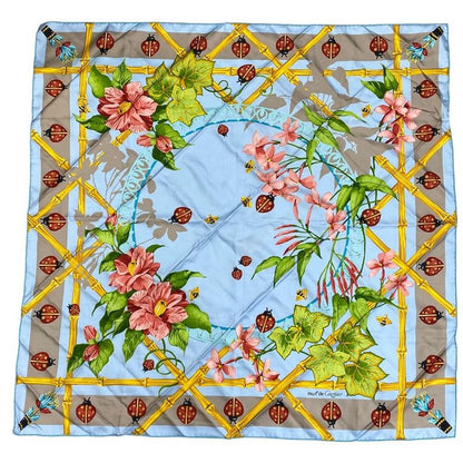Cartier Scarf Large Size Silk Light Blue Multicolor Ladybug Bee Must De Cartier