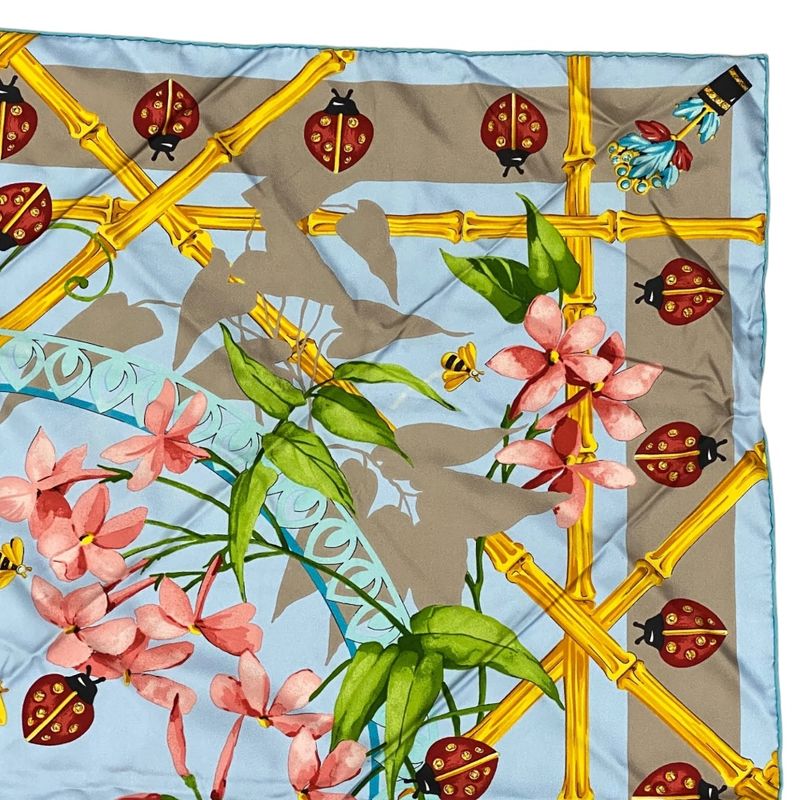 Cartier Scarf Large Size Silk Light Blue Multicolor Ladybug Bee Must De Cartier