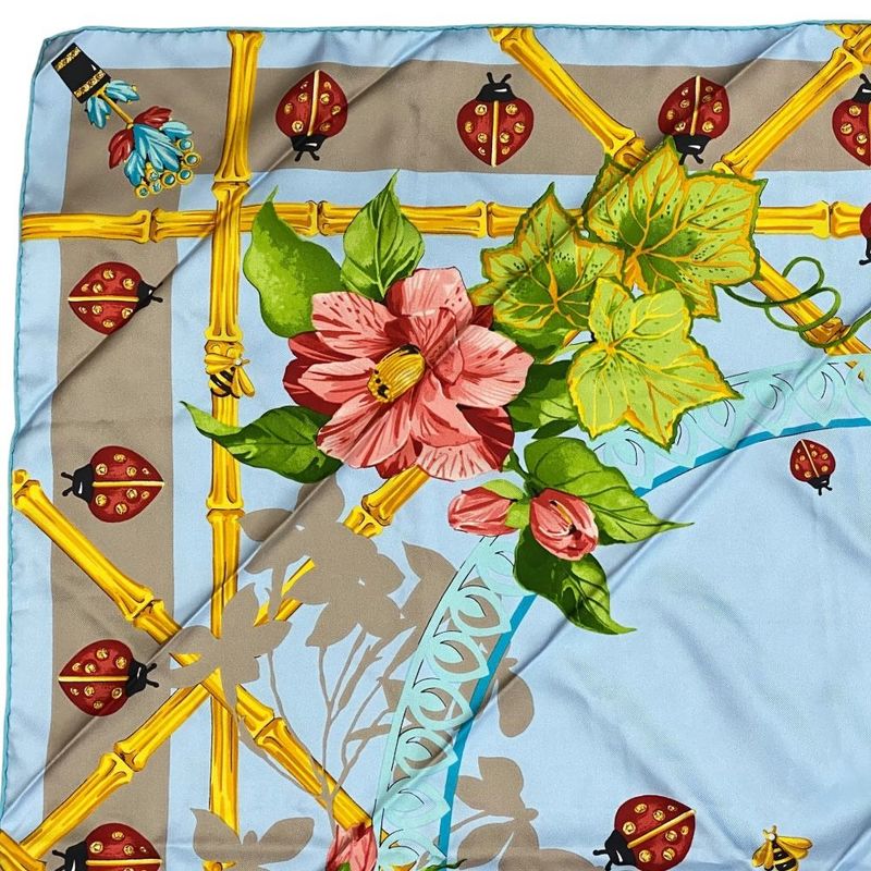 Cartier Scarf Large Size Silk Light Blue Multicolor Ladybug Bee Must De Cartier