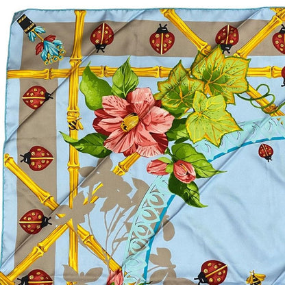 Cartier Scarf Large Size Silk Light Blue Multicolor Ladybug Bee Must De Cartier