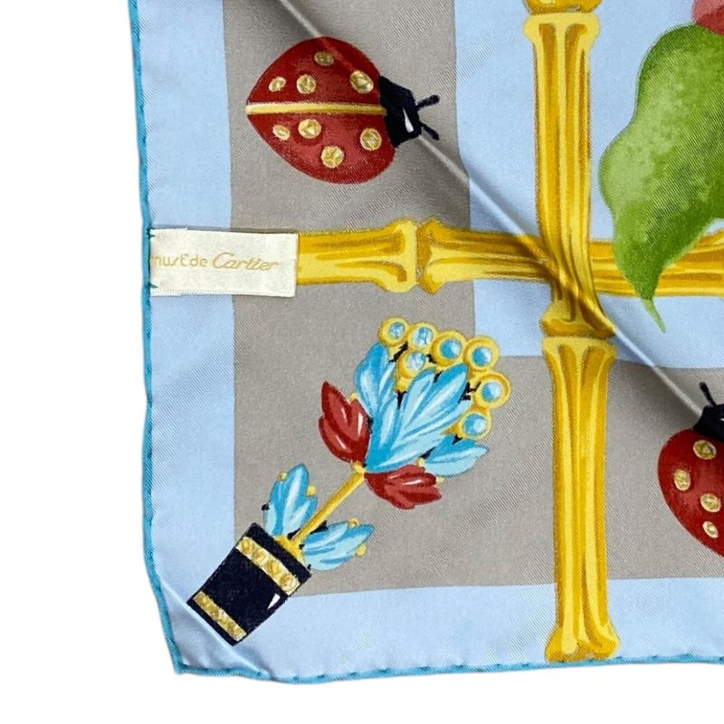 Cartier Scarf Large Size Silk Light Blue Multicolor Ladybug Bee Must De Cartier