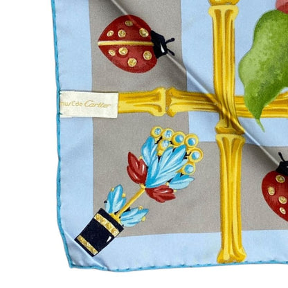 Cartier Scarf Large Size Silk Light Blue Multicolor Ladybug Bee Must De Cartier