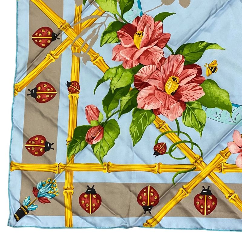 Cartier Scarf Large Size Silk Light Blue Multicolor Ladybug Bee Must De Cartier