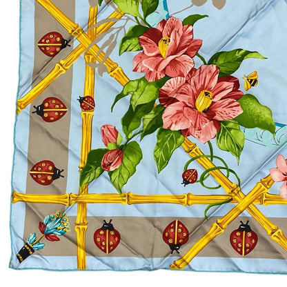 Cartier Scarf Large Size Silk Light Blue Multicolor Ladybug Bee Must De Cartier