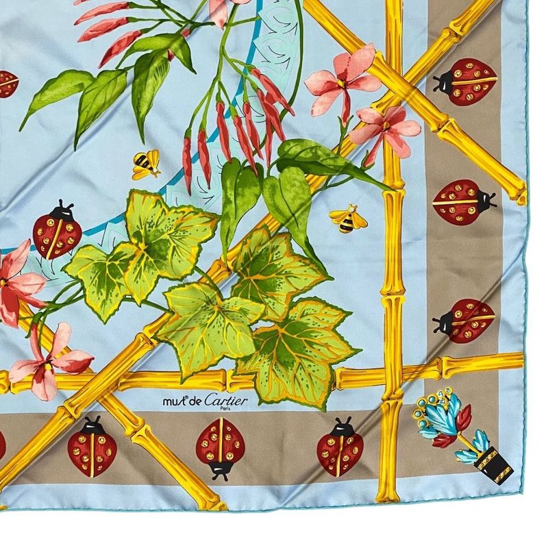 Cartier Scarf Large Size Silk Light Blue Multicolor Ladybug Bee Must De Cartier