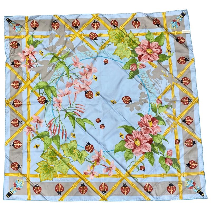 Cartier Scarf Large Size Silk Light Blue Multicolor Ladybug Bee Must De Cartier