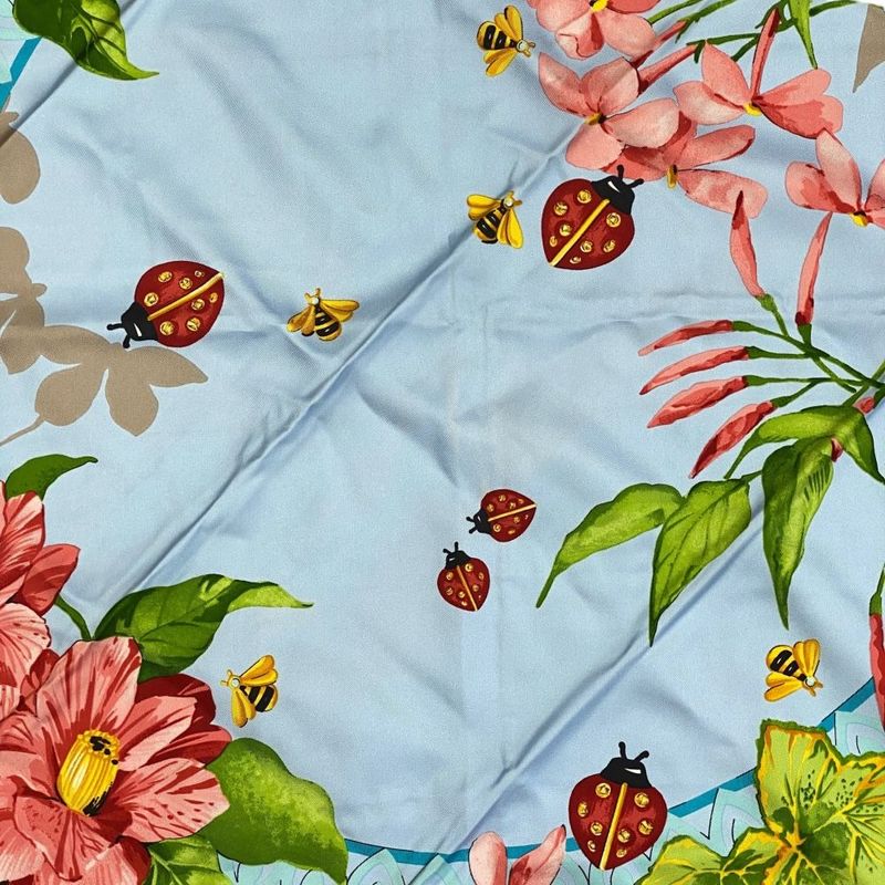 Cartier Scarf Large Size Silk Light Blue Multicolor Ladybug Bee Must De Cartier