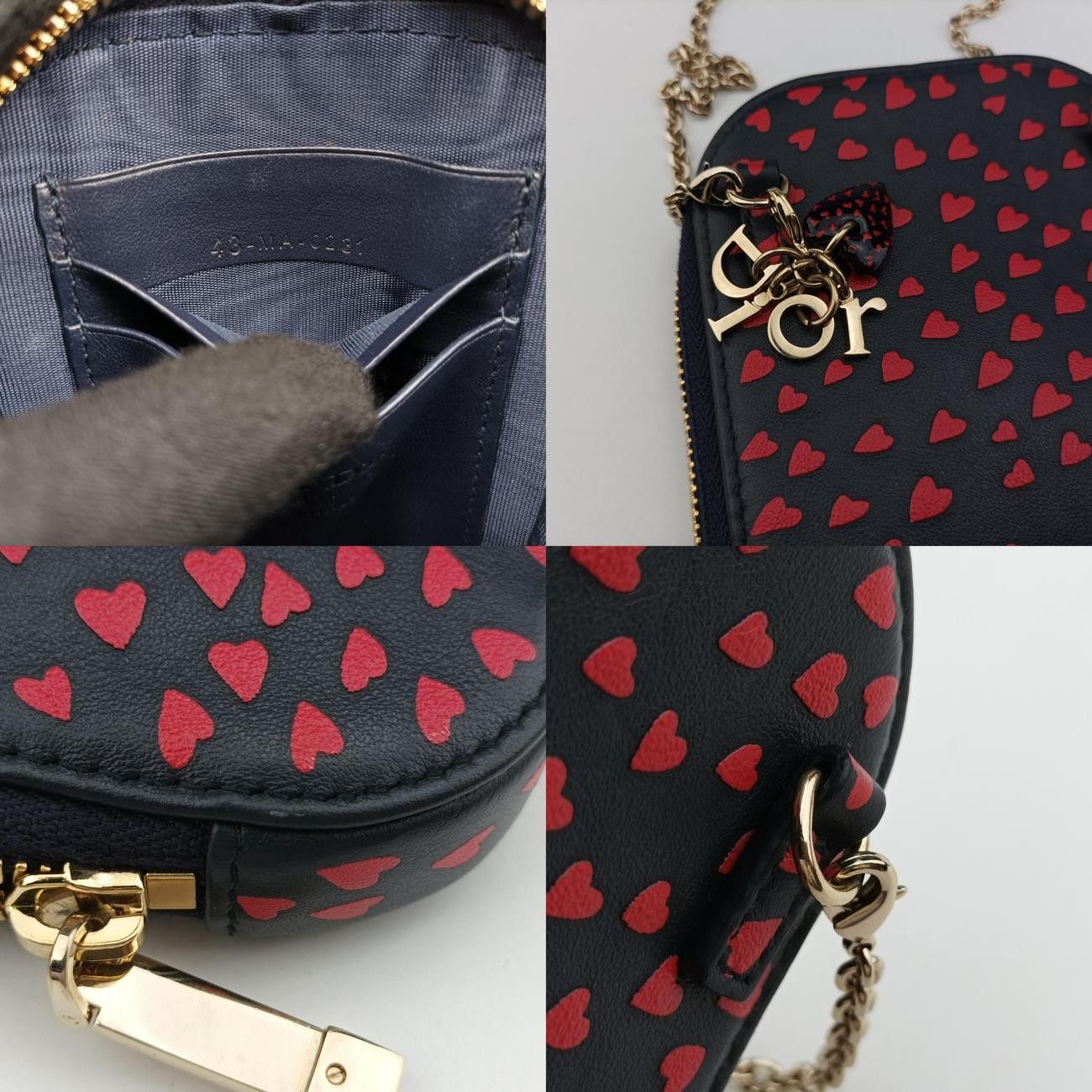 Christian Dior Phone Holder Smartphone Case Heart Navy X Red Leather 43-Ma-0231