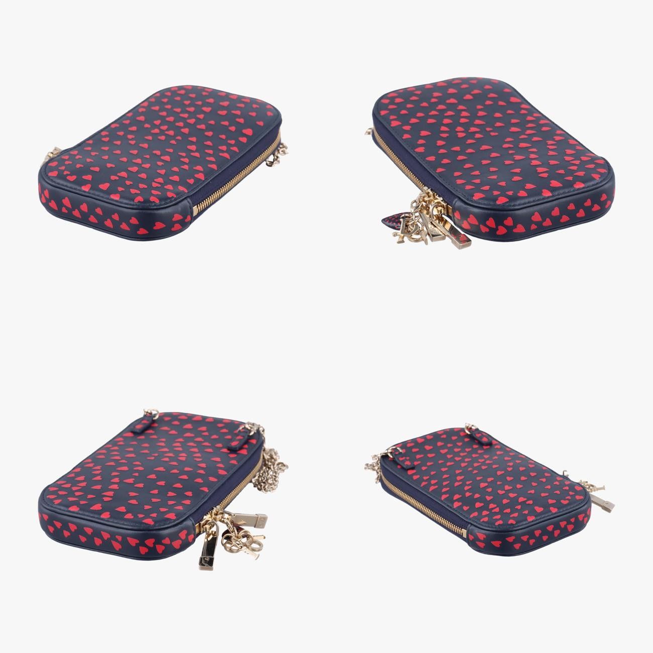 Christian Dior Phone Holder Smartphone Case Heart Navy X Red Leather 43-Ma-0231