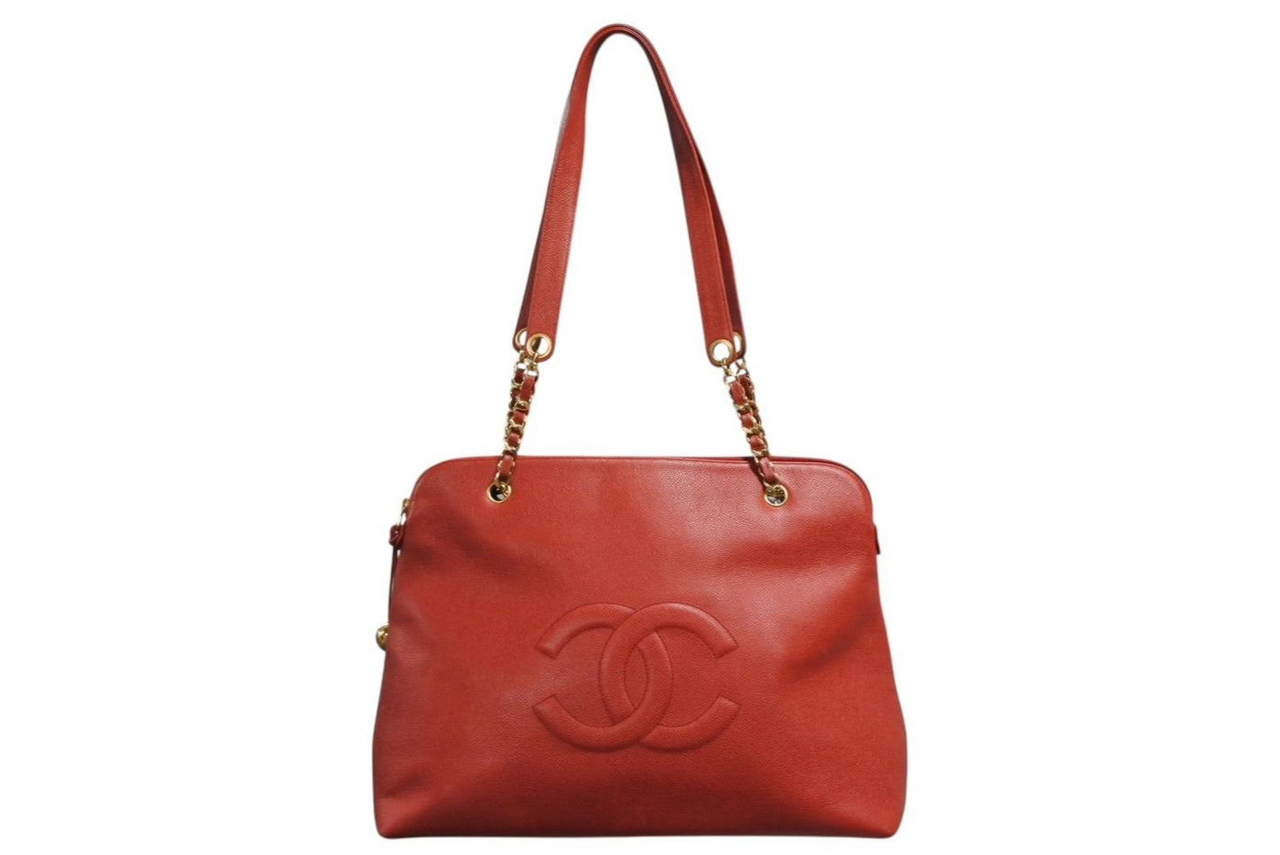 Chanel Chain Shoulder Tote Bag Caviar Leather Big CC Logo Coco Ball Red Gold