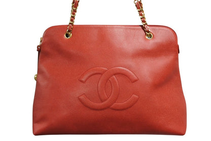 Chanel Chain Shoulder Tote Bag Caviar Leather Big CC Logo Coco Ball Red Gold — view 2