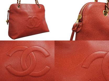 Chanel Chain Shoulder Tote Bag Caviar Leather Big CC Logo Coco Ball Red Gold — view 4
