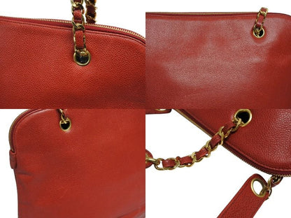Chanel Chain Shoulder Tote Bag Caviar Leather Big CC Logo Coco Ball Red Gold — view 5