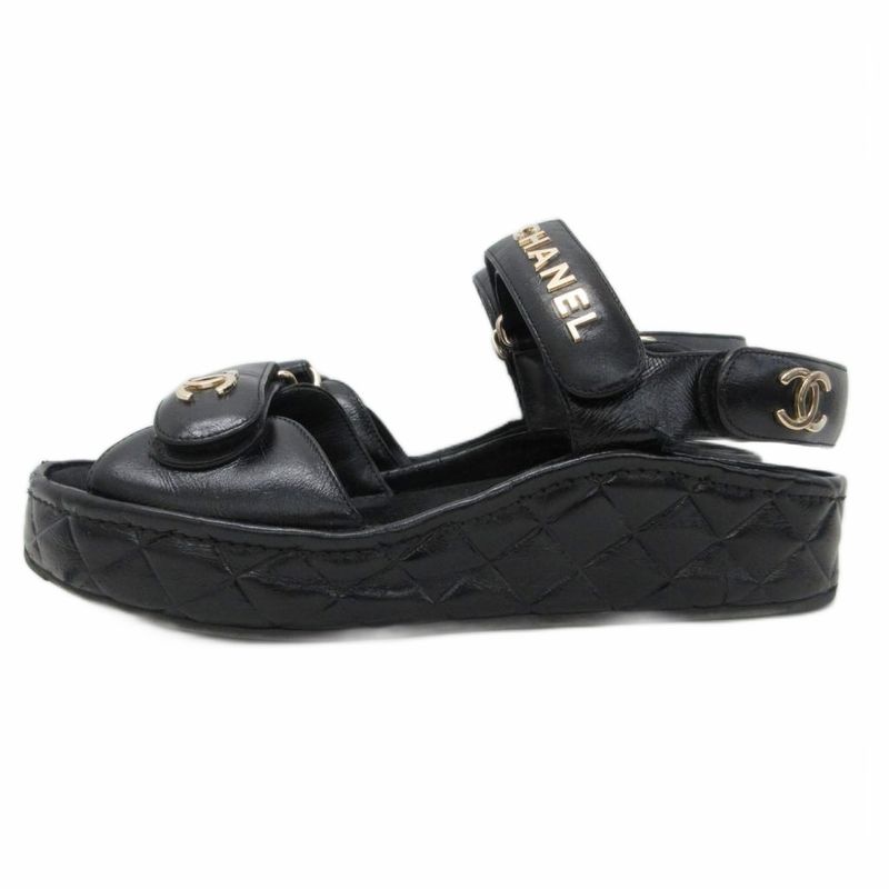 Chanel Sports Sandals Cocomark Matelasse Leather Lambskin Suede Chien Pan Gold