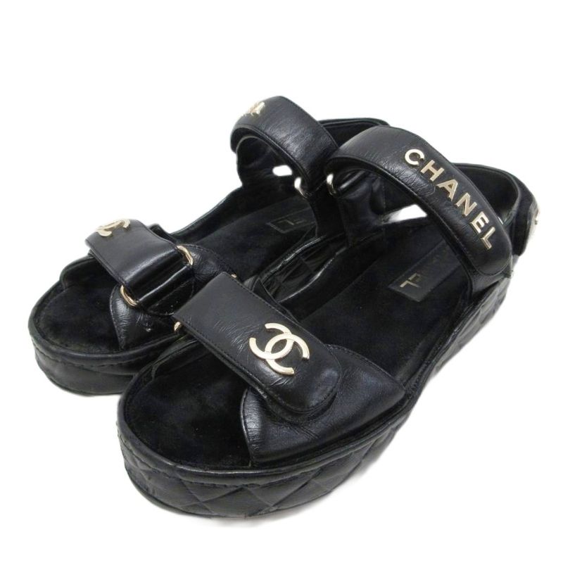 Chanel Sports Sandals Cocomark Matelasse Leather Lambskin Suede Chien Pan Gold