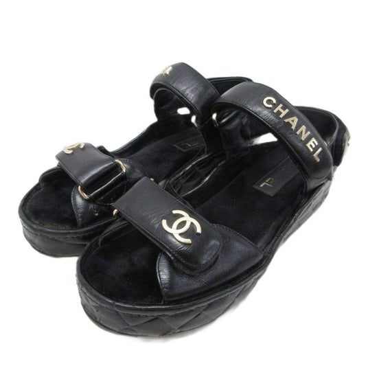 Chanel Sports Sandals Cocomark Matelasse Leather Lambskin Suede Chien Pan Gold