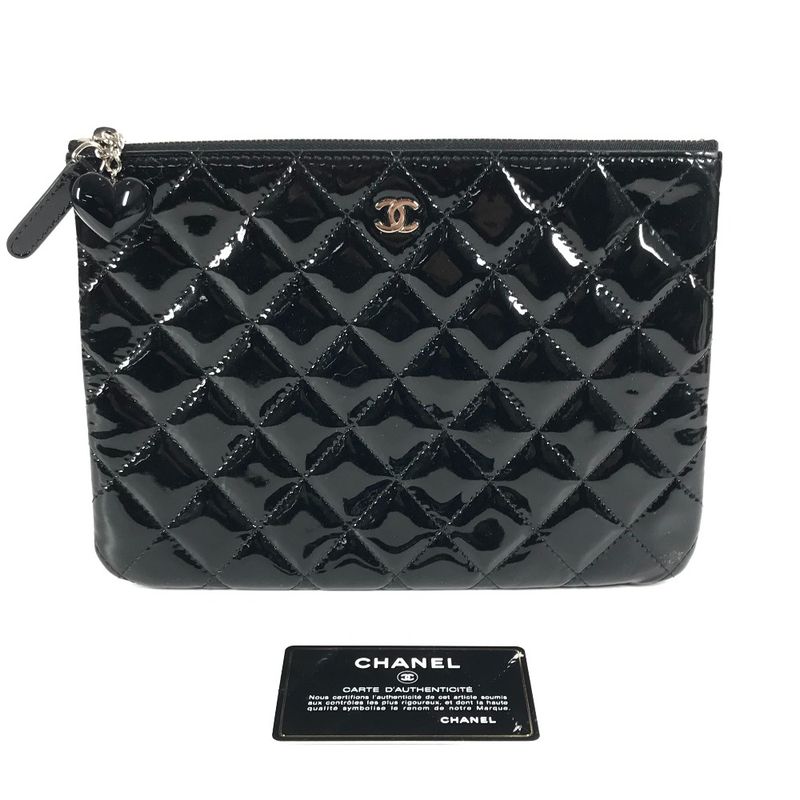 Chanel Clutch Bag CC Coco Mark Logo Quilting Matelasse Patent Leather Black