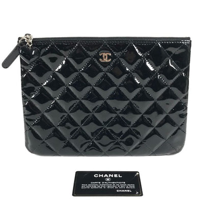 Chanel Clutch Bag CC Coco Mark Logo Quilting Matelasse Patent Leather Black