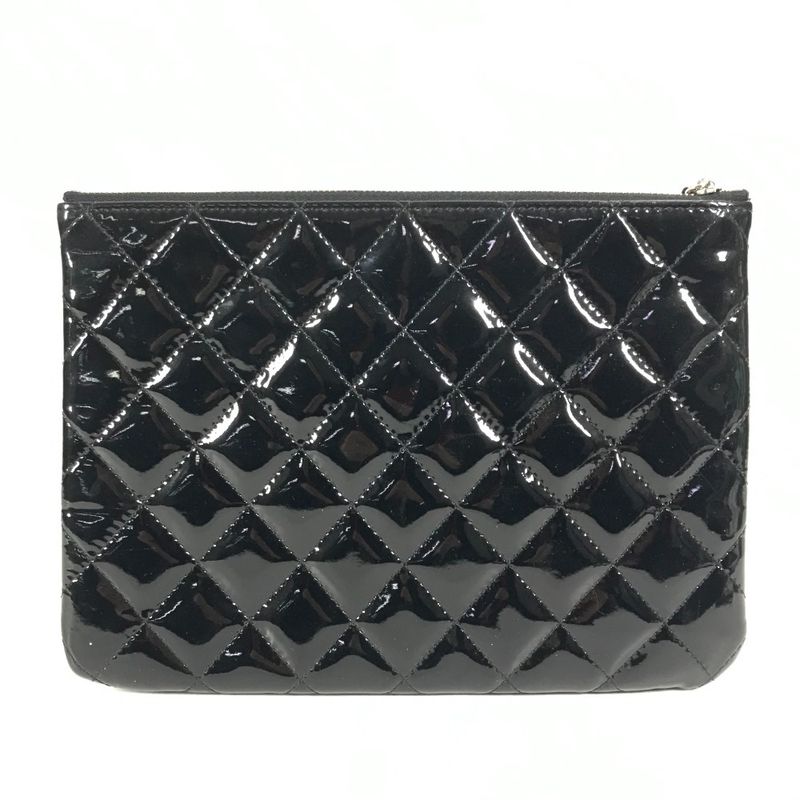 Chanel Clutch Bag CC Coco Mark Logo Quilting Matelasse Patent Leather Black