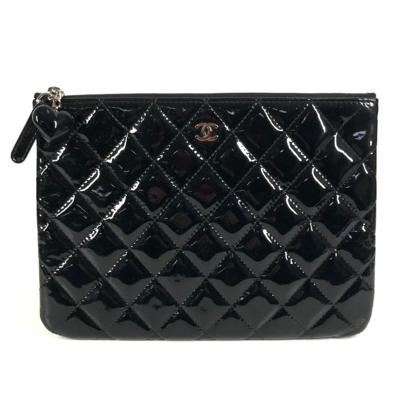 Chanel Clutch Bag CC Coco Mark Logo Quilting Matelasse Patent Leather Black
