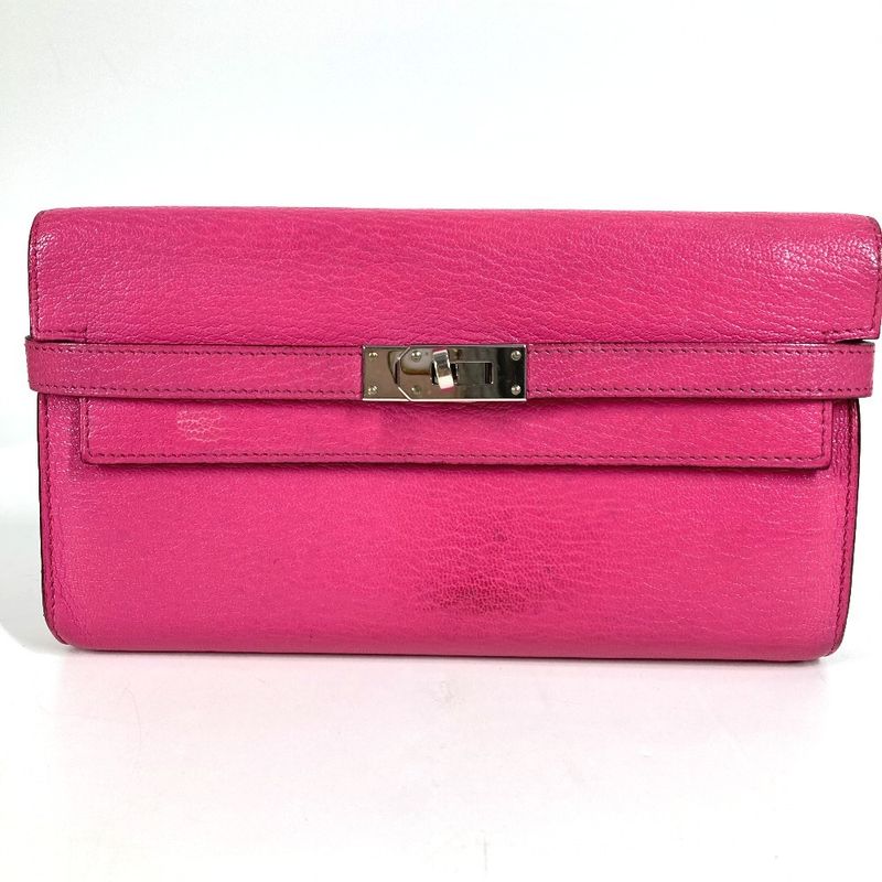 Hermes Long Wallet Kelly Wallet Chevre Rose Shocking Pink