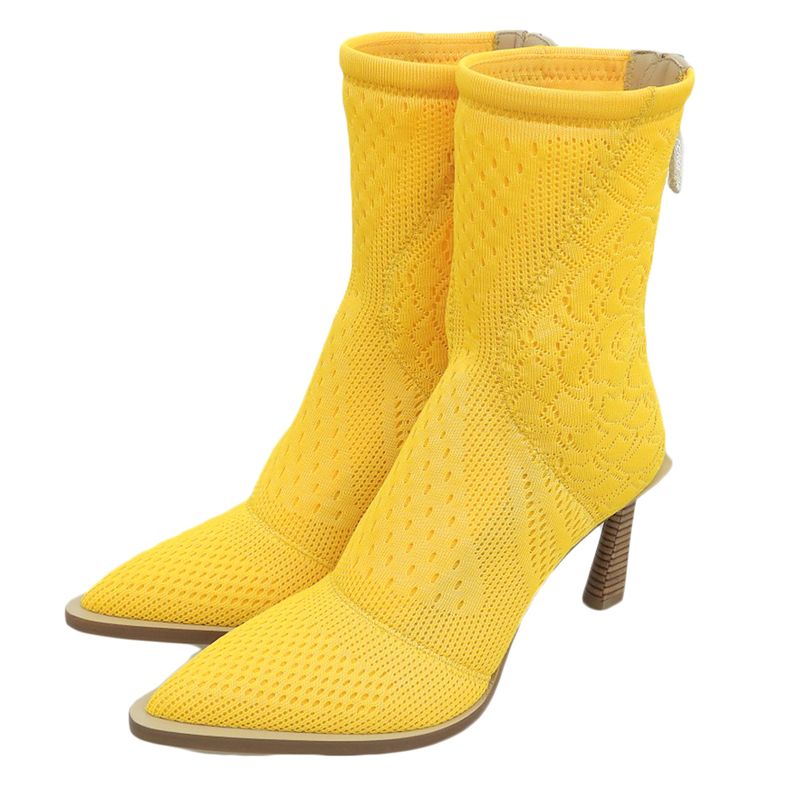 Fendi Unused Mesh Pointed Toe Back Zip Knit Boots Shoes Women's Yellow 38