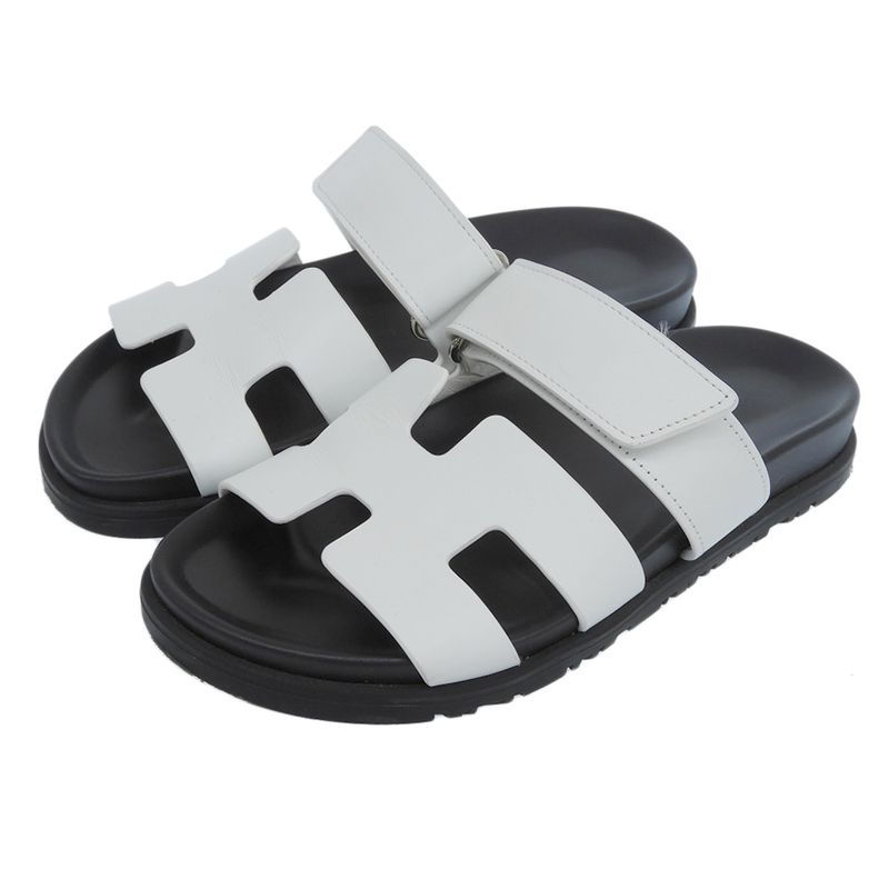 Hermes Chypre Flat Leather H Sandals Shoes Women's White 36