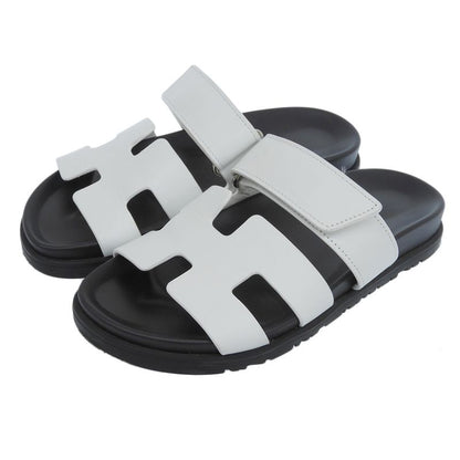 Hermes Chypre Flat Leather H Sandals Shoes Women's White 36