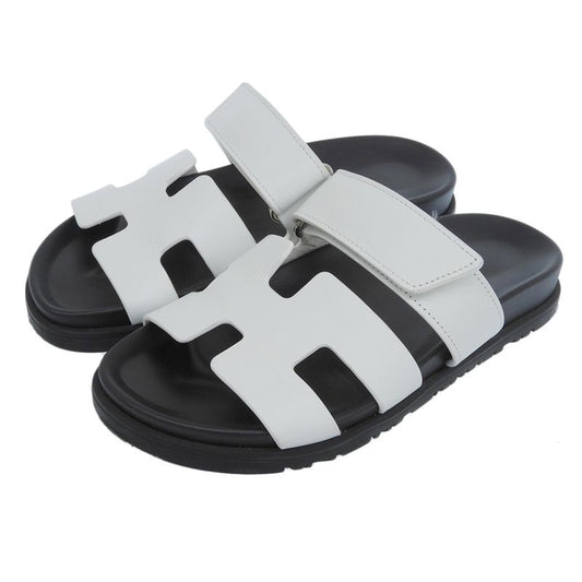 Hermes Chypre Flat Leather H Sandals Shoes Women's White 36