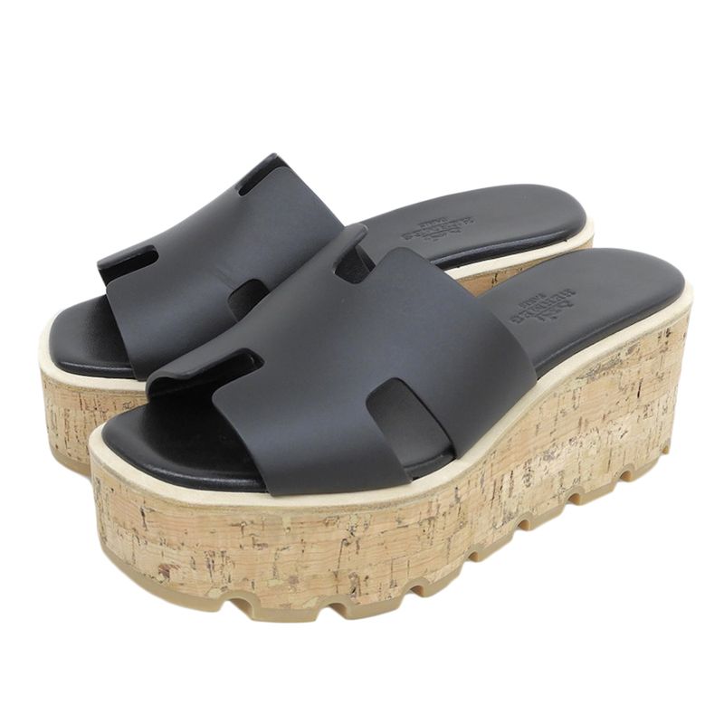 Hermes Ezu 30 H Cork Wedge Sole Sandals Shoes Women's Leather Black 34