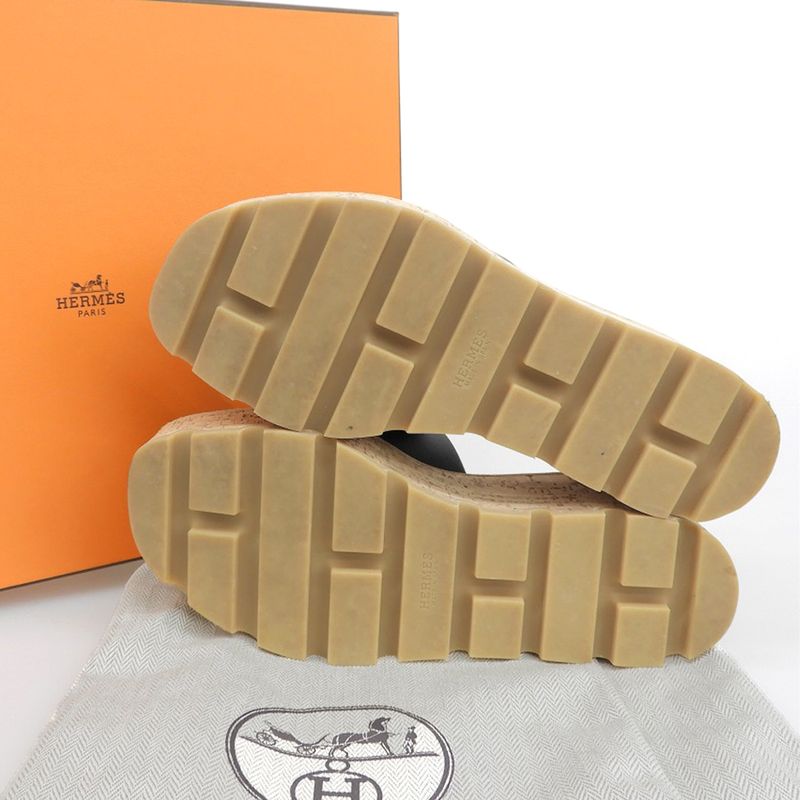 Hermes Ezu 30 H Cork Wedge Sole Sandals Shoes Women's Leather Black 34