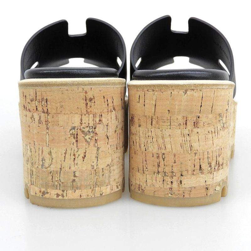 Hermes Ezu 30 H Cork Wedge Sole Sandals Shoes Women's Leather Black 34