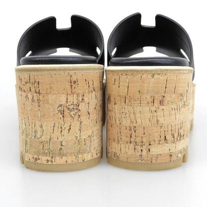 Hermes Ezu 30 H Cork Wedge Sole Sandals Shoes Women's Leather Black 34