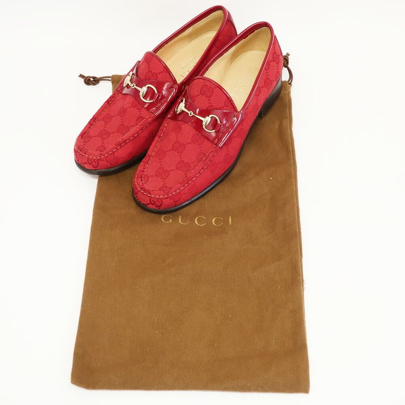 Gucci Loafers Horsebit GG Canvas Leather All Over Pattern Red Silver
