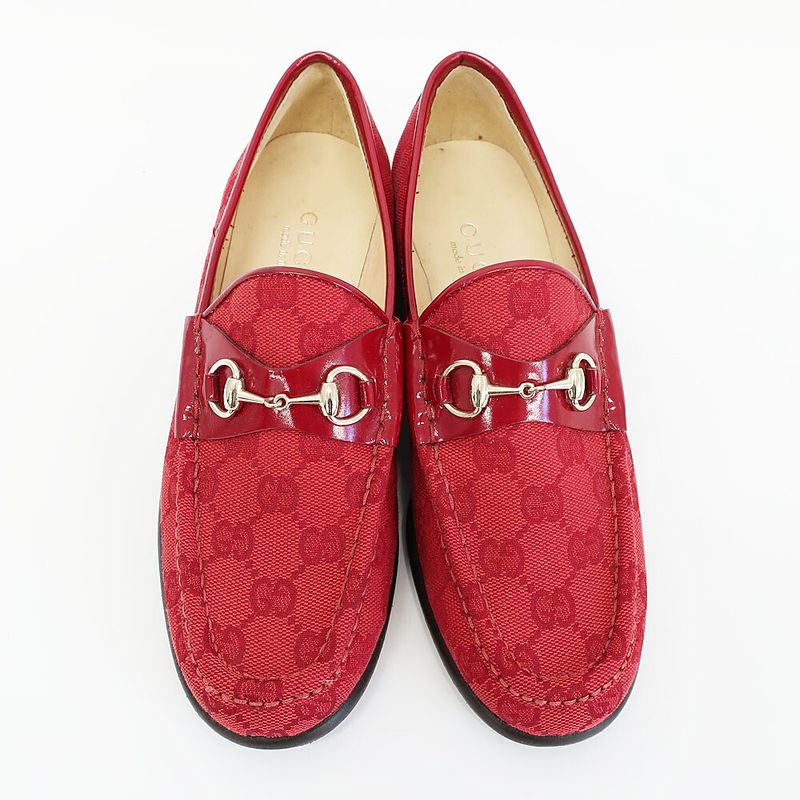 Gucci Loafers Horsebit GG Canvas Leather All Over Pattern Red Silver