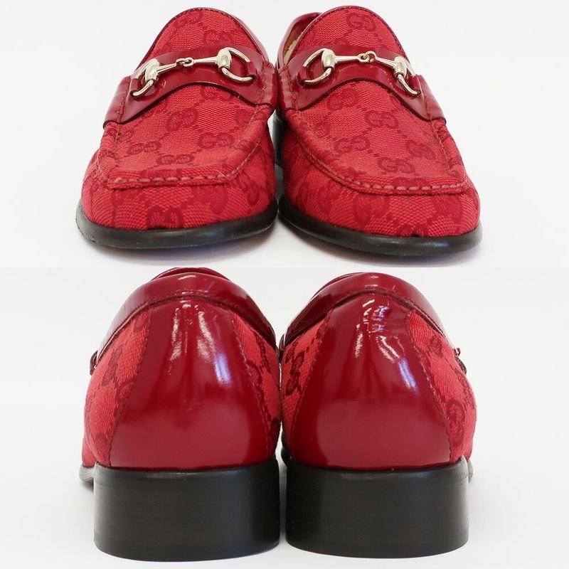 Gucci Loafers Horsebit GG Canvas Leather All Over Pattern Red Silver