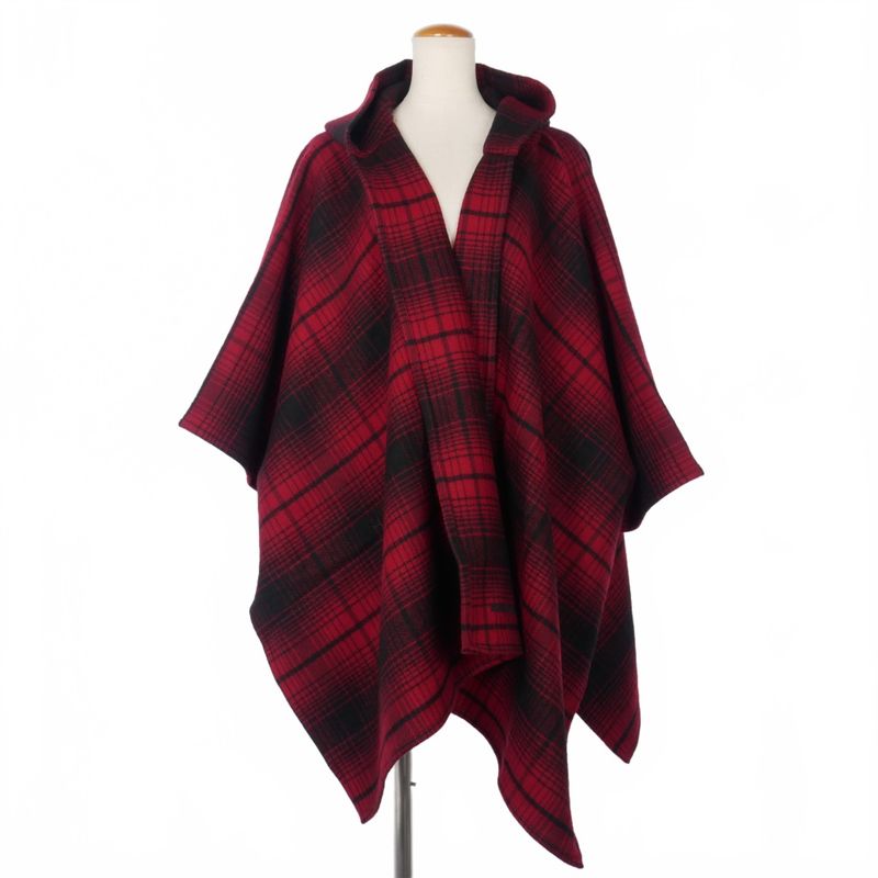 Balenciaga Hooded Check Poncho Cape Logo Embroidery Red