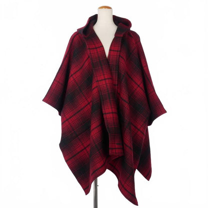 Balenciaga Hooded Check Poncho Cape Logo Embroidery Red